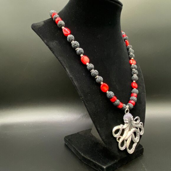 Octopus Necklace with Lava & Coral Beads by Neanie-Bot - Picture 4 of 6